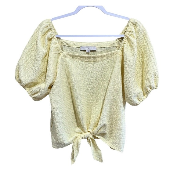 LOFT Women’s Square Neck Tie Front Soft Yellow Blouse Puff Sleeve Top Size M - Picture 4 of 14